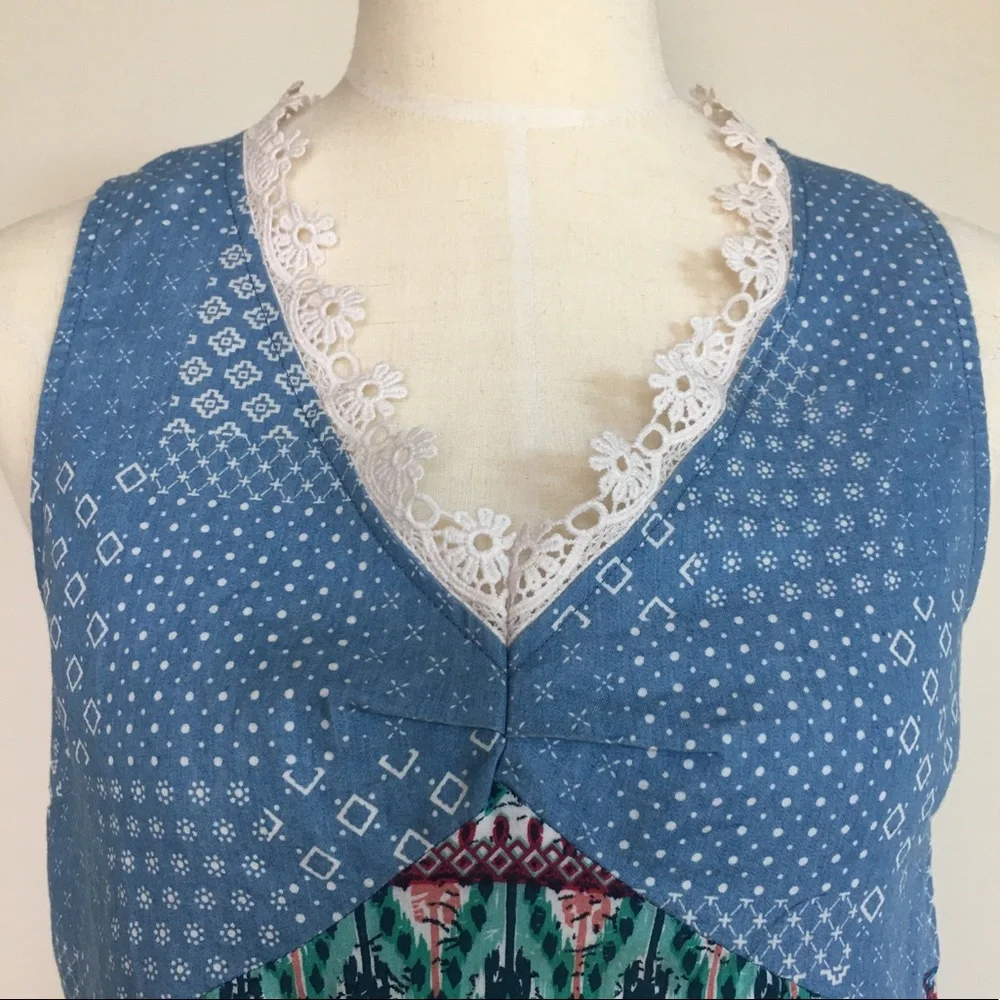 Blue Printed Sleeveless Drop Hem Mini Dress - Picture 5 of 8